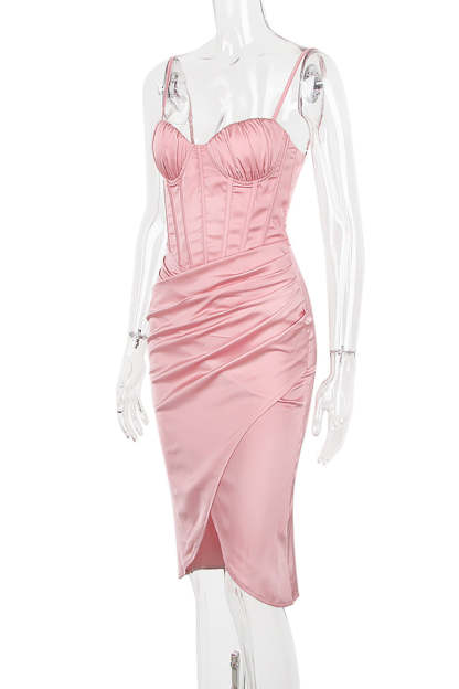 White Cami V Neck Ruched Corset Wrapped Pleated Bodycon Satin Evening Gown Midi Dresses