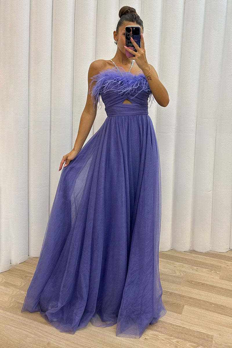 Feather Strapless Cut Out Evening Gown Tulle Maxi Dresses