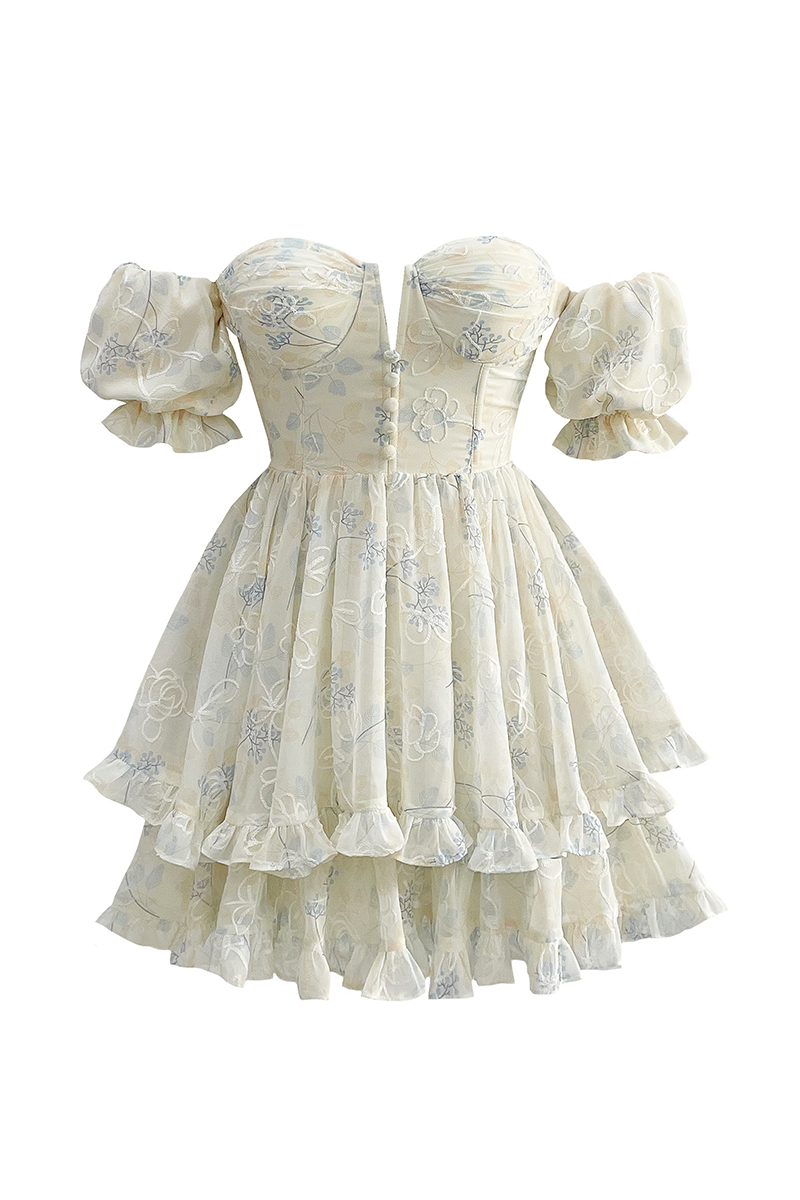 Off Shoulder Puff Sleeve Button Layered Floral Mini Dresses-Beige