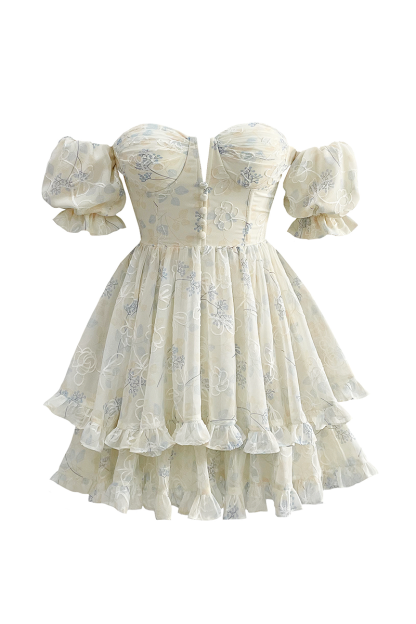 Off Shoulder Puff Sleeve Button Layered Floral Mini Dresses-Beige