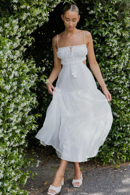 Tied Up Backless Ruched Tiered Pleated Slip Maxi Dress