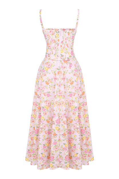 Floral Print Cami Corset A-Line Midi Dresses-Pink