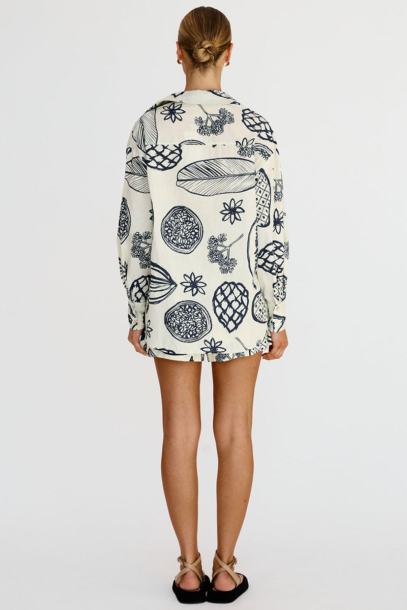 Floral Fruit Print Long Sleeve Shirt Casual Short Two Piece Set