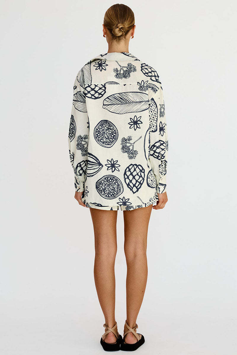 Floral Fruit Print Long Sleeve Shirt Casual Short Two Piece Set