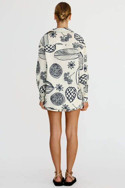 Floral Fruit Print Long Sleeve Shirt Casual Short Two Piece Set