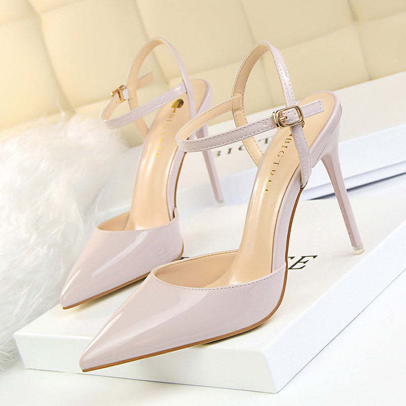 Burnished Plain Pointy Toe Ankle Strap Buckle Stiletto Heels