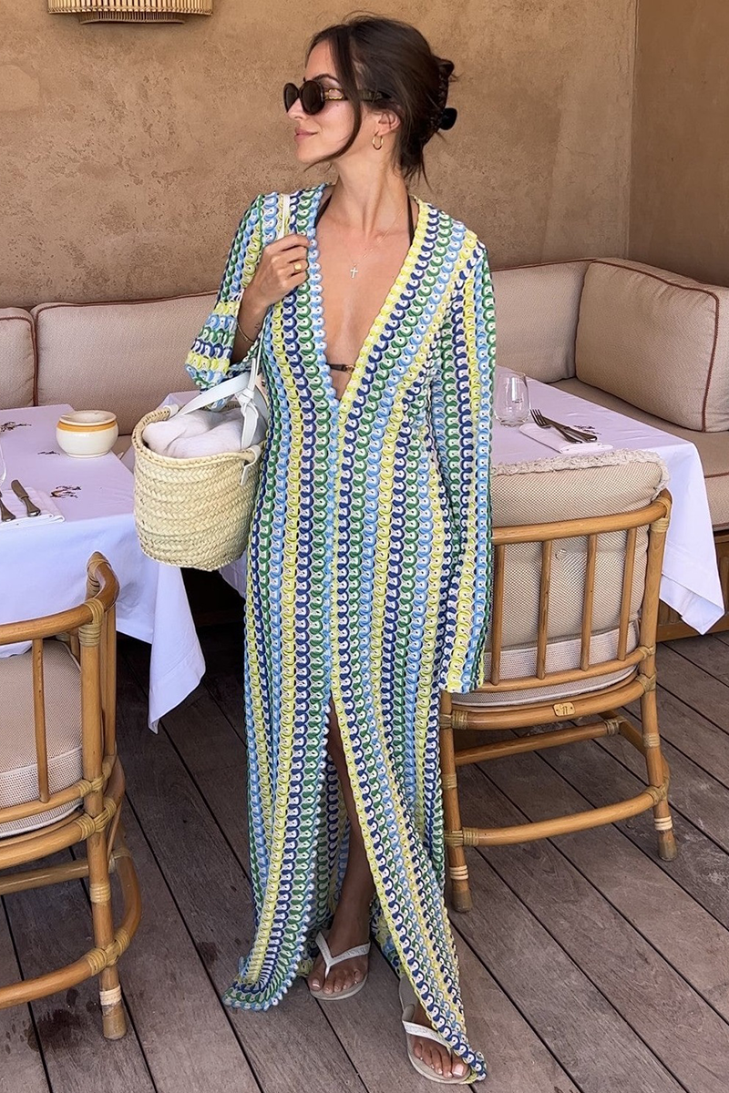 Crochet Abstract Striped Pattern Deep V Neck Flare Sleeve Slit Maxi Dresses-Green