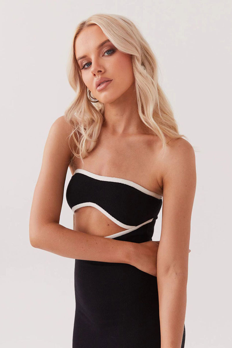 Contrast Binding Cut Out Strapless Bodycon Party Maxi Dresses-Black
