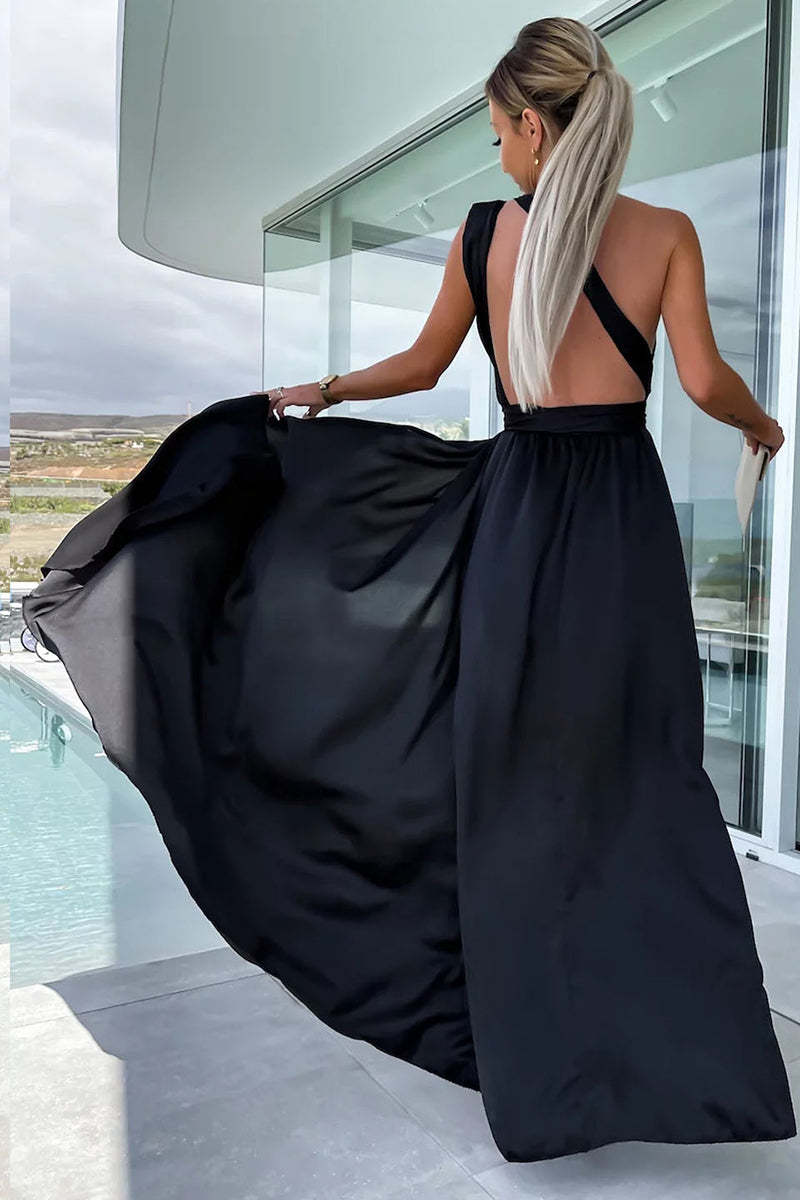 Deep V Neck Wrap Strap High Slit Satin Formal Party Maxi Dress