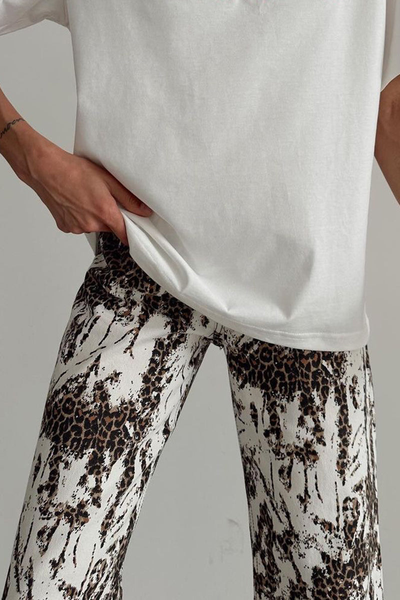 Leopard Print Pocket High Waist Straight-Leg Pants-White