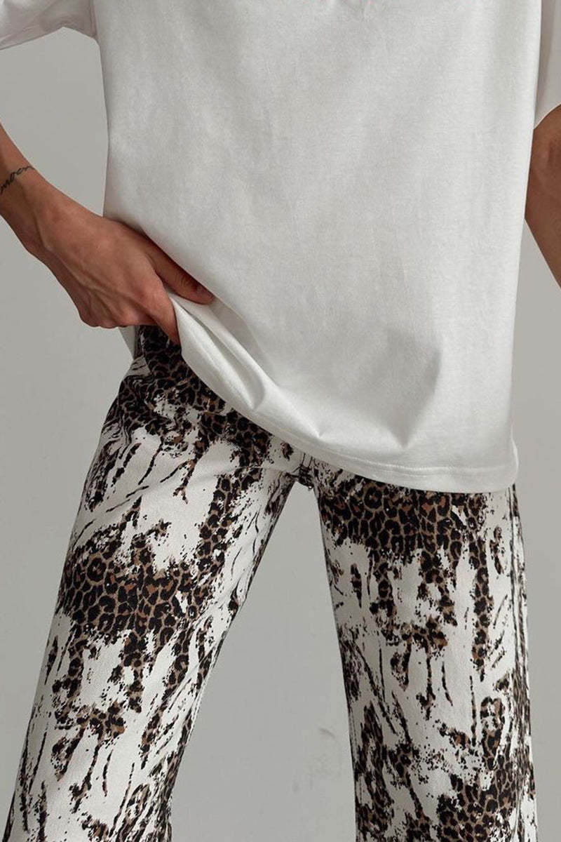 Leopard Print Pocket High Waist Straight-Leg Pants-White