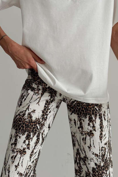 Leopard Print Pocket High Waist Straight-Leg Pants-White