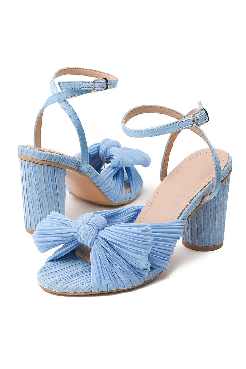Pleated Bow Ankle Strap Chunky High Heel Sandals