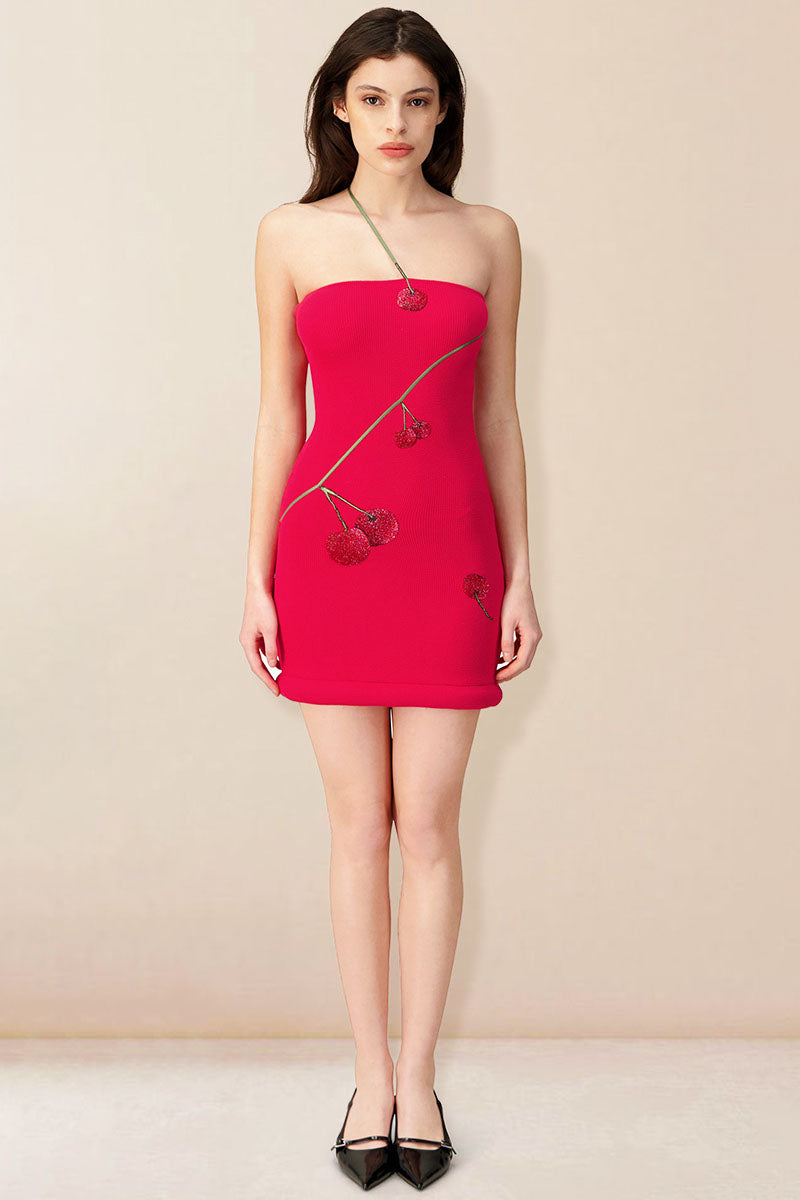 Colorblock Strap Fruit Print Slim Fit Mini Dresses-Red