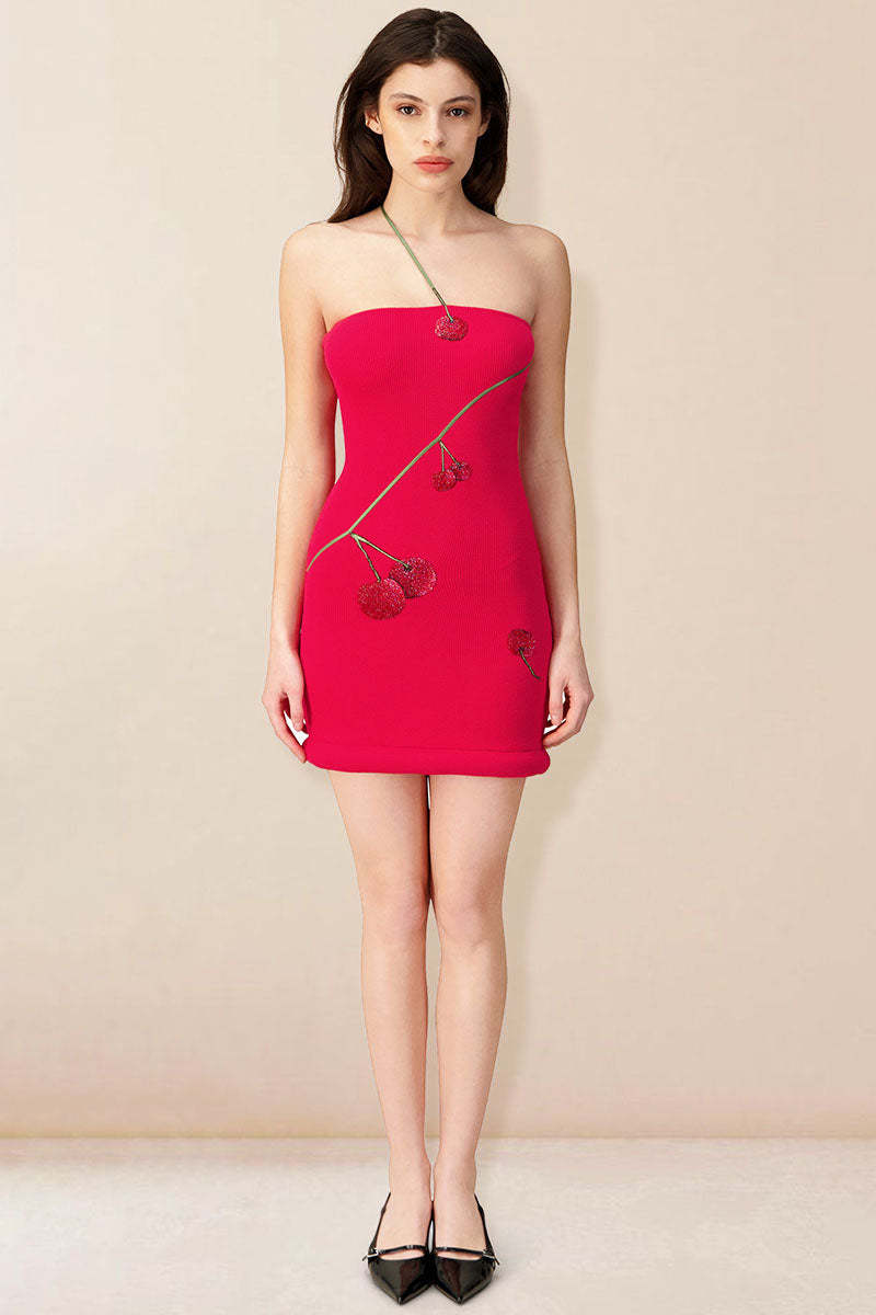 Colorblock Strap Fruit Print Slim Fit Mini Dresses-Red