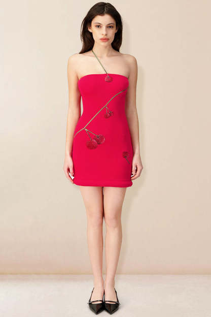 Colorblock Strap Fruit Print Slim Fit Mini Dresses-Red