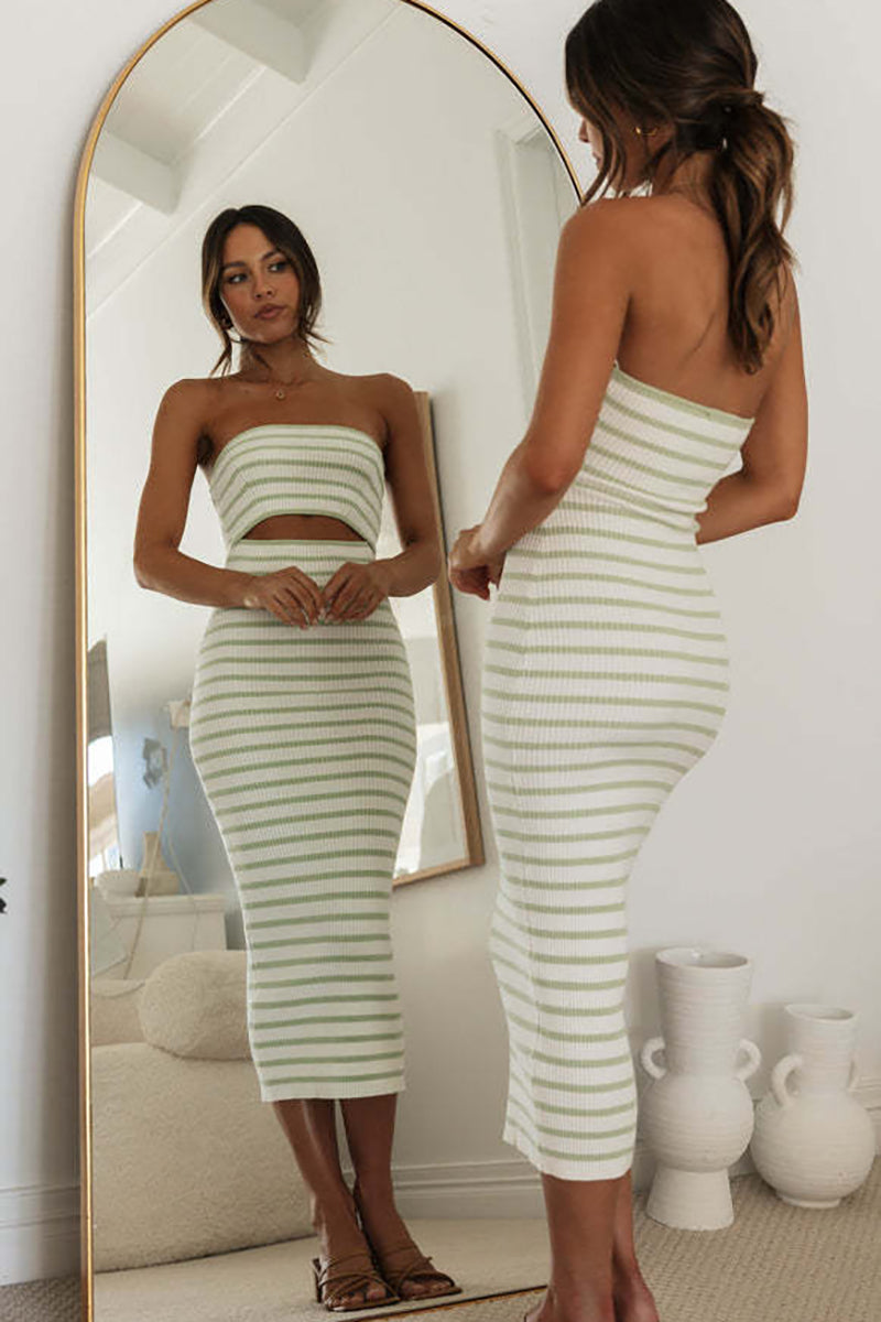 Boat Neck Tube Cutout Backless Striped Knitted Bodycon Midi Dresses