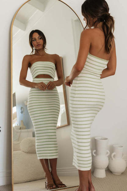 Boat Neck Tube Cutout Backless Striped Knitted Bodycon Midi Dresses
