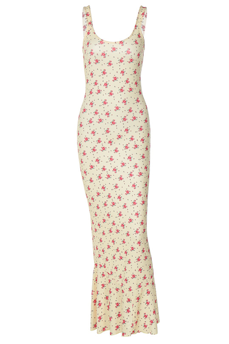 U Neck Ditsy Floral Print Slim Fit Fishtail Maxi Tank Dresses-Yellow