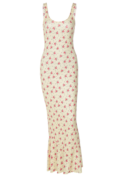 U Neck Ditsy Floral Print Slim Fit Fishtail Maxi Tank Dresses-Yellow