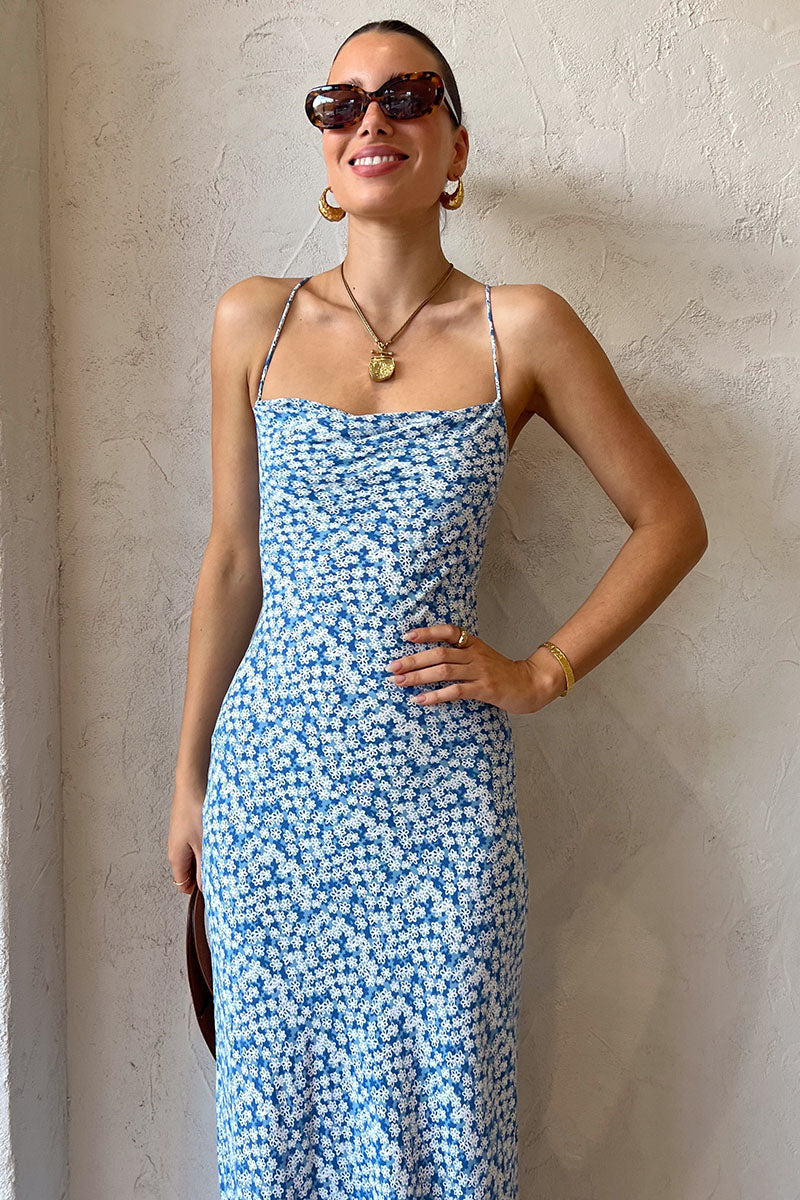 Ditsy Floral Print Crossover Tie Up Backless Cami Vacation Maxi Dresses