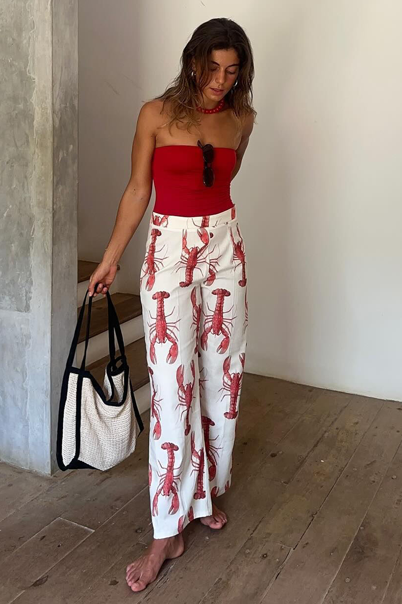 Lobster Print Puff Sleeve Tie Up Top Straight Leg Pants Matching Set-White