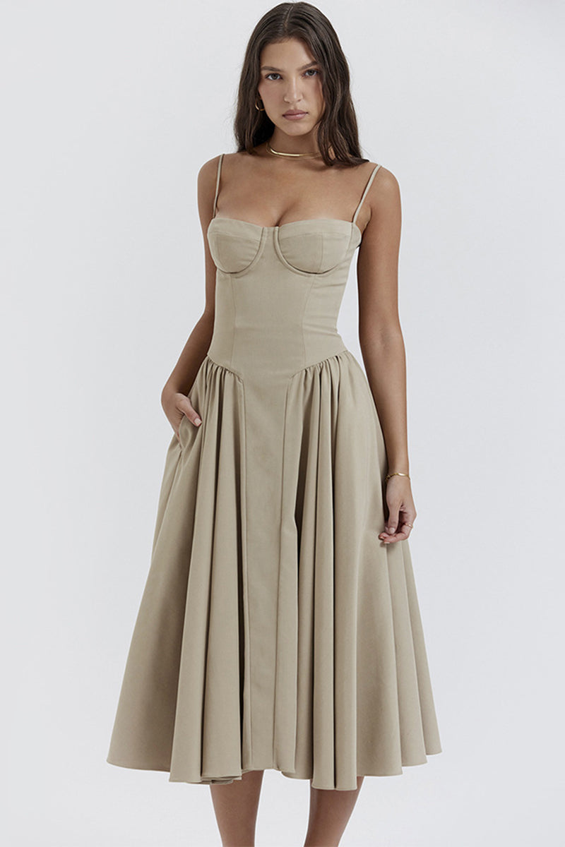 Elegant Cinch Waist Pleated Formal Party Slip Midi Dresses-Beige
