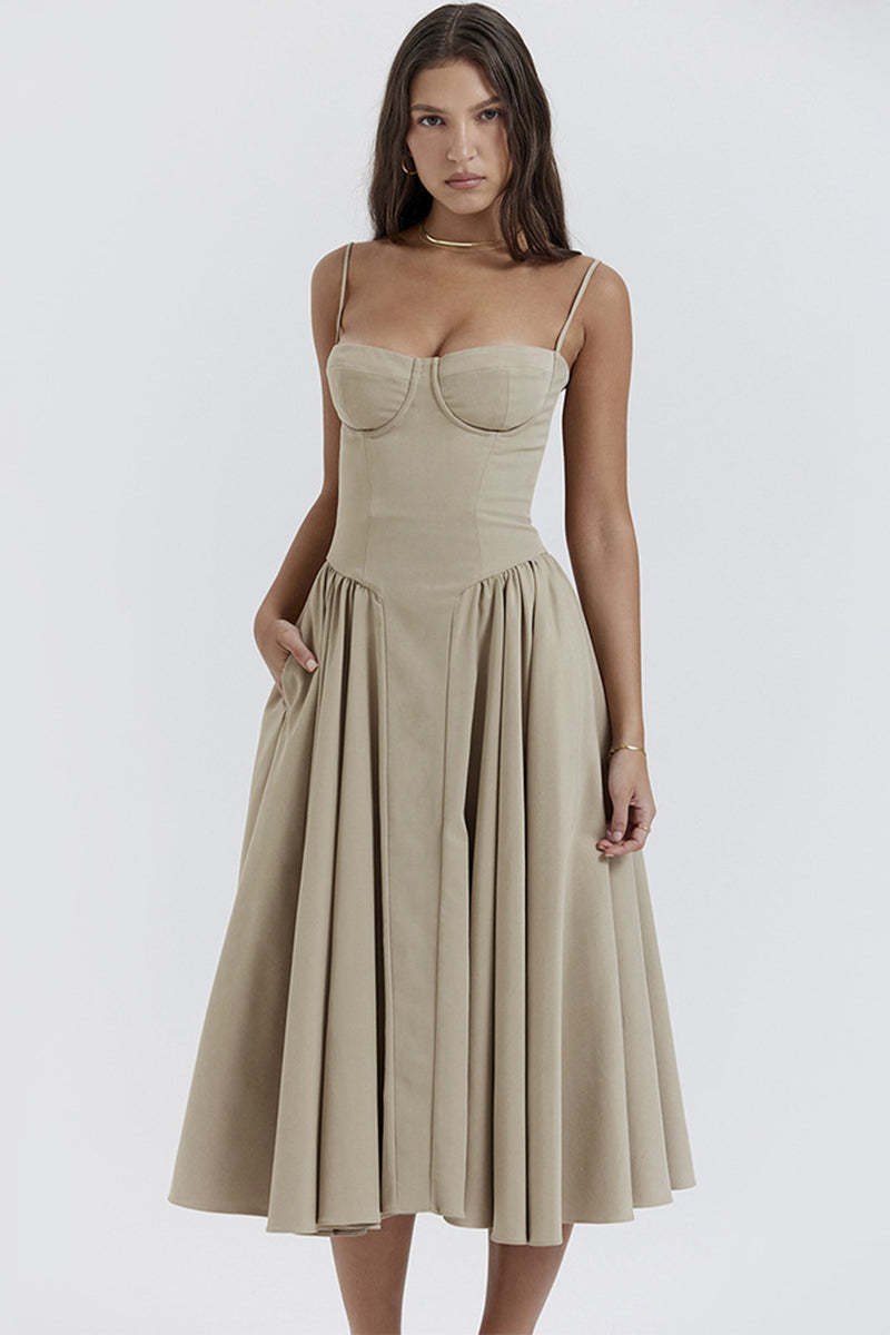 Elegant Cinch Waist Pleated Formal Party Slip Midi Dresses-Beige