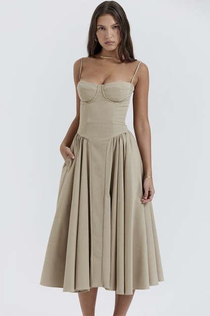 Elegant Cinch Waist Pleated Formal Party Slip Midi Dresses-Beige