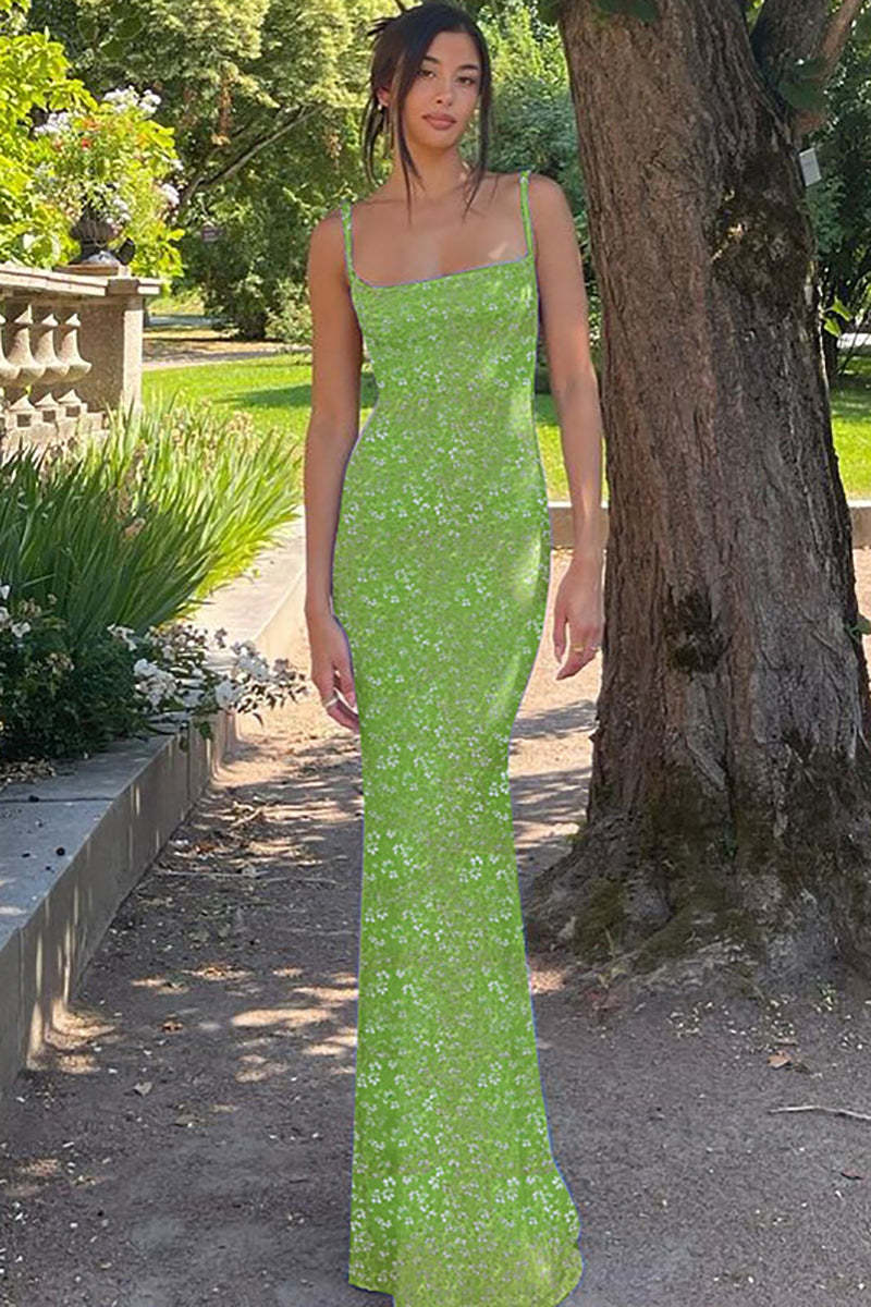 Floral Print Backless Square Neck Vacation Slip Maxi Dresses