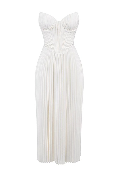 Strapless Corset Pleated Elegant Party Gown Midi Dresses-White