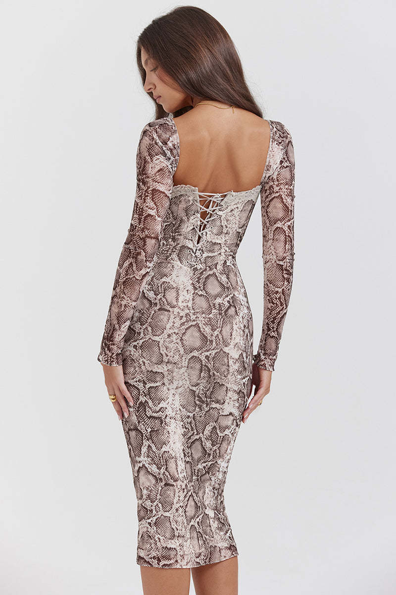 Snake Print Square Neck Lace Long Sleeve Bodycon Midi Dresses-Brown