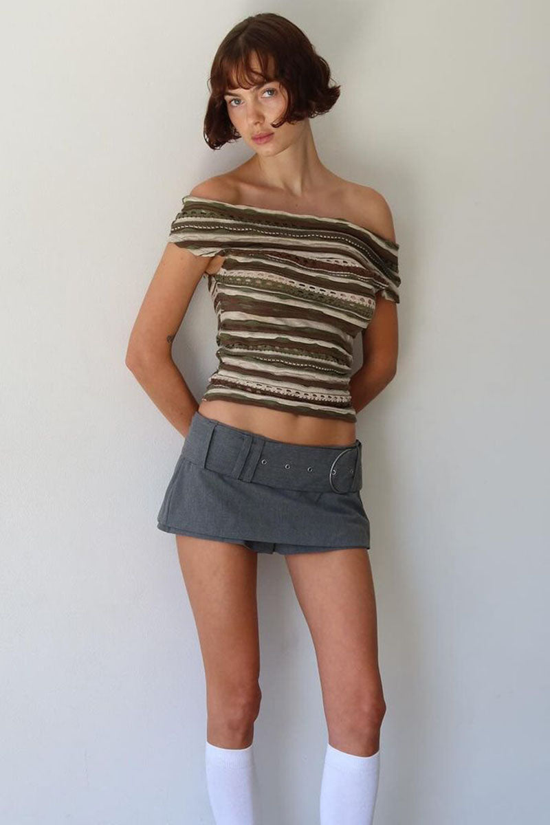 Boat Neck Off Shoulder Boho Pattern Hollow Out Vacation Crop Top-Green