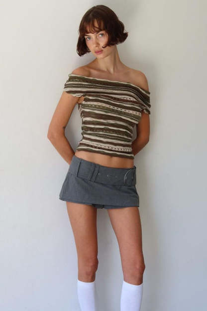 Boat Neck Off Shoulder Boho Pattern Hollow Out Vacation Crop Top-Green