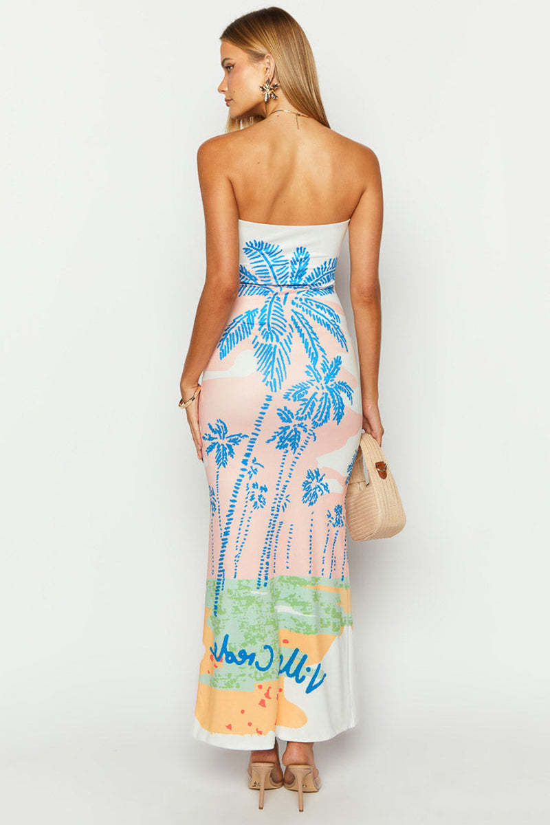 Palm Print Strapless Bodycon Vacation Maxi Dresses-Pink