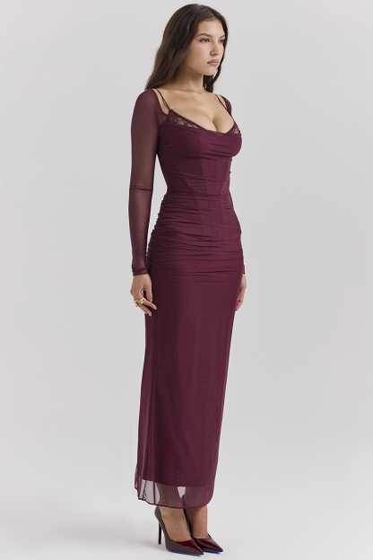 Lace Trim Corset Long Sleeve Bodycon Back Slit Maxi Dresses-Burgundy