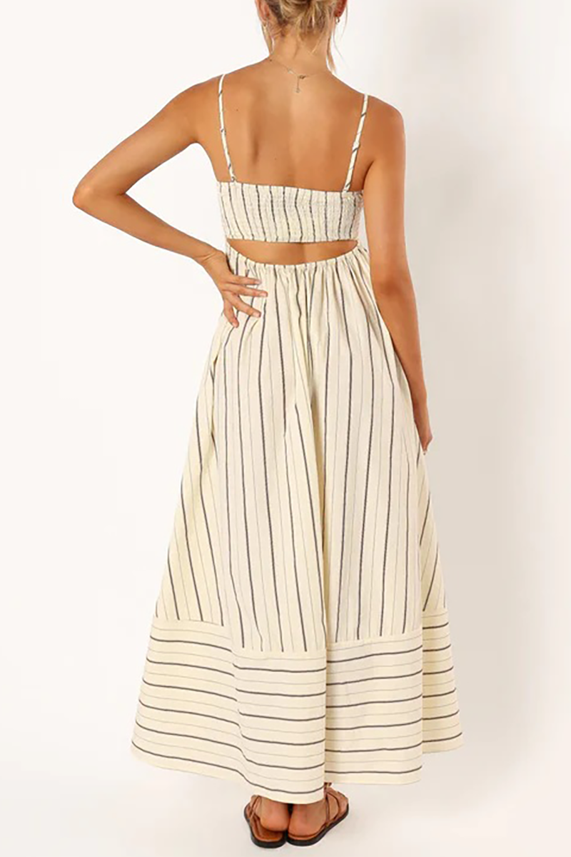Boat Neck Spaghetti Strap A-Line Backless Striped Print Maxi Dresses-Pink