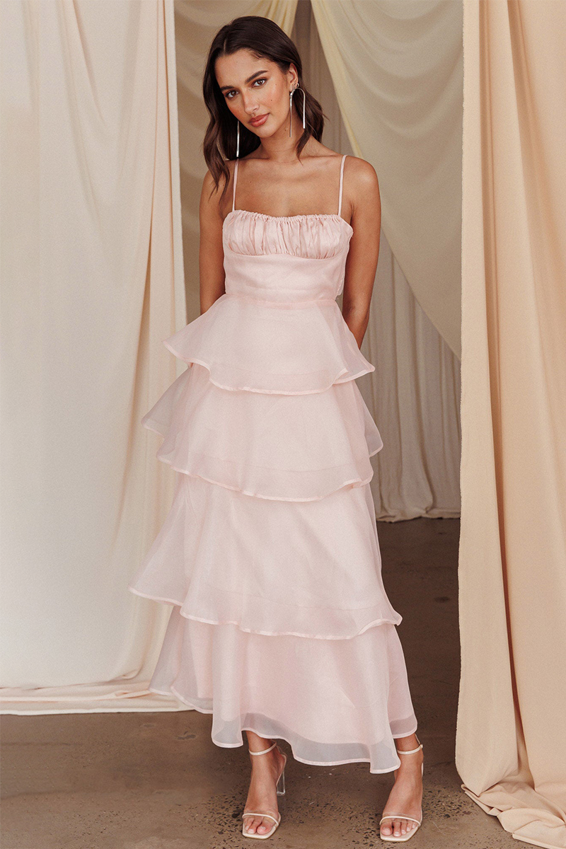 Spaghetti Strap Front Ruched A-Line Tie Up Backless Tiered Ruffled Maxi Dresses-Pink