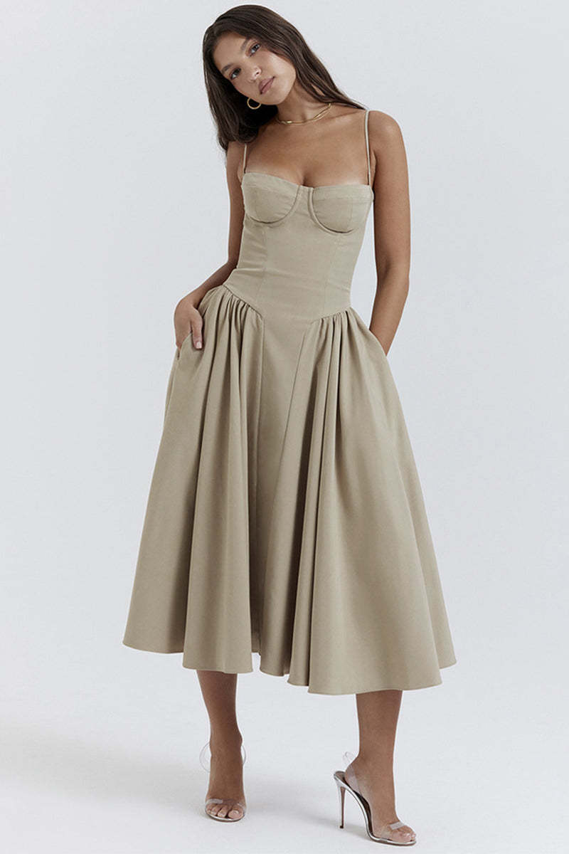 Elegant Cinch Waist Pleated Formal Party Slip Midi Dresses-Beige
