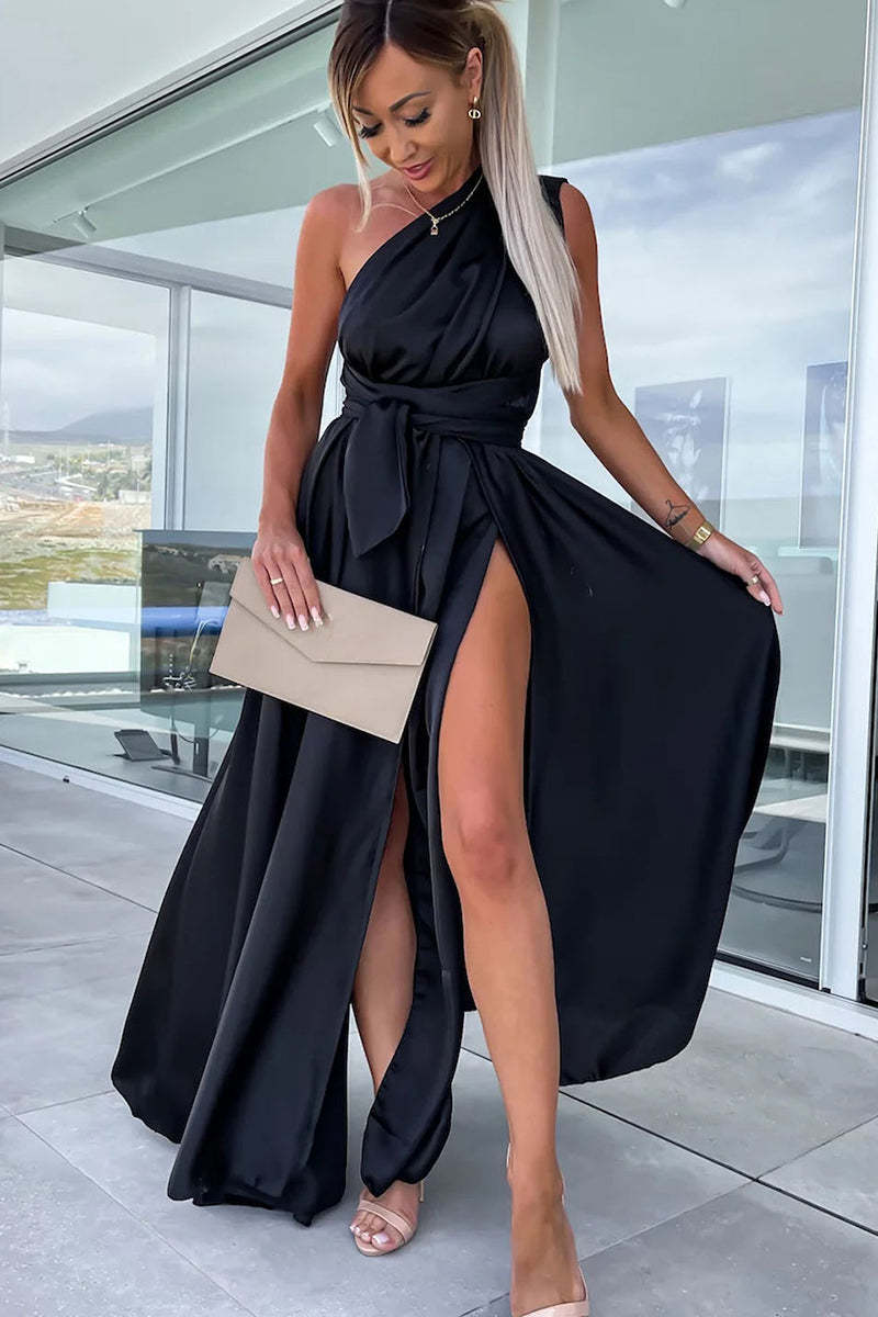 Deep V Neck Wrap Strap High Slit Satin Formal Party Maxi Dress
