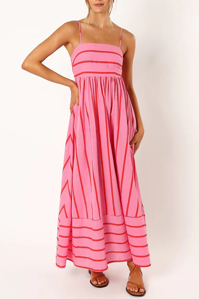 Boat Neck Spaghetti Strap A-Line Backless Striped Print Maxi Dresses-Pink