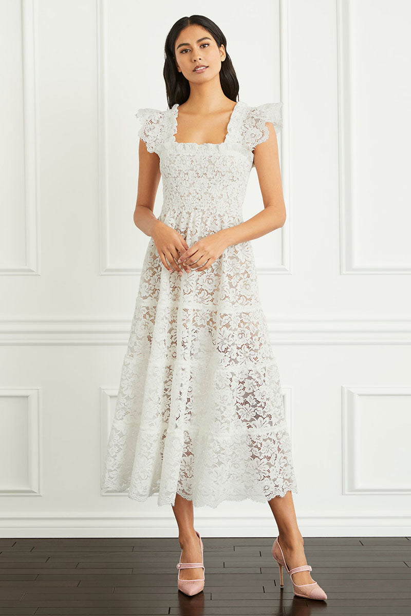 Square Neck Flutter Lace See-Through A-Line Midi Dresses-White