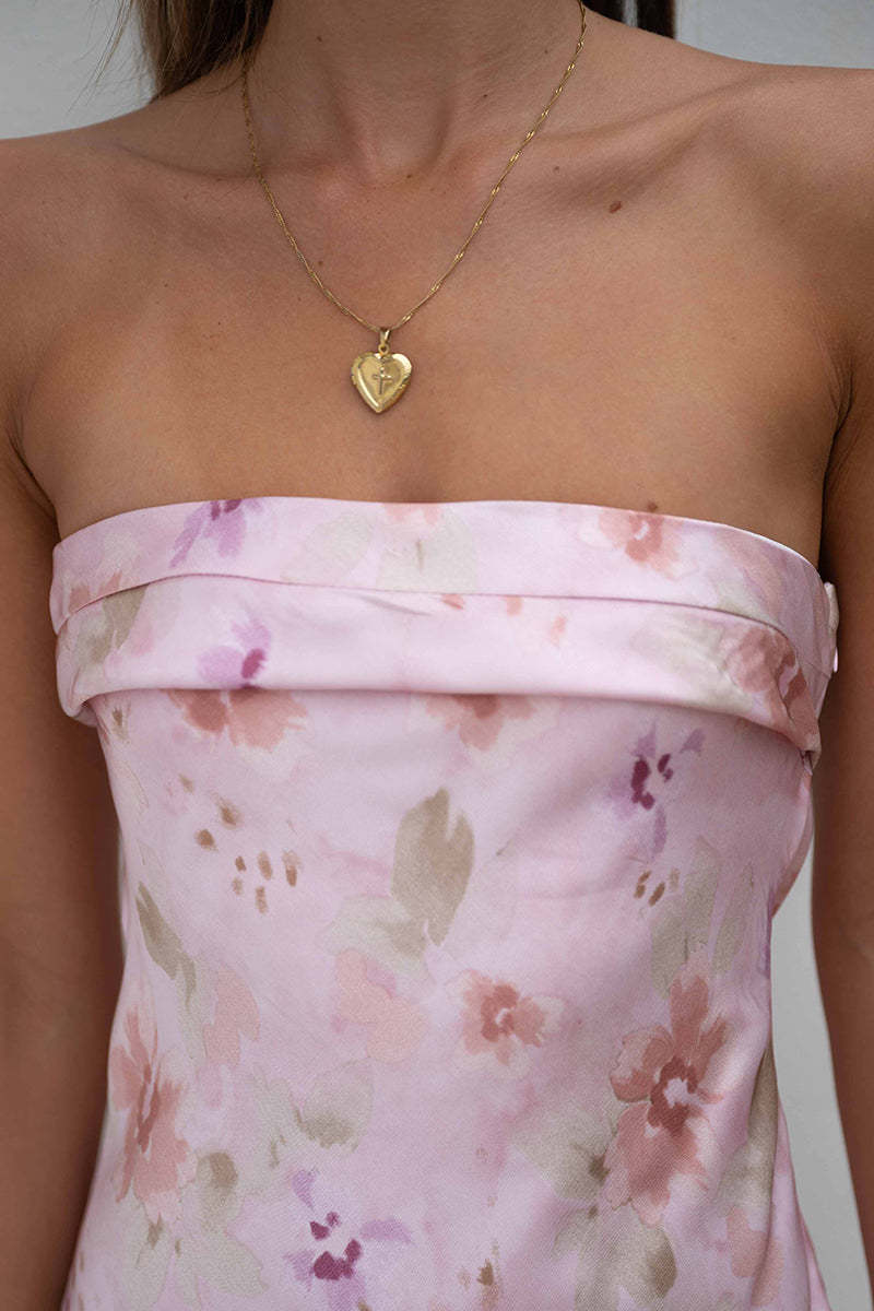 Backless Folded Bust Floral Print Satin Tube Maxi Dresses