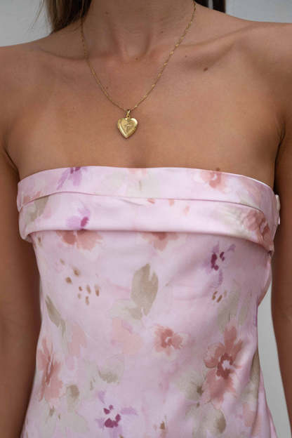 Backless Folded Bust Floral Print Satin Tube Maxi Dresses