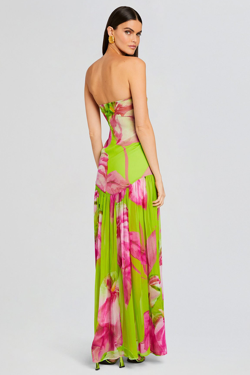 Floral Print Slim Fit High Slit Vacation Maxi Tube Dresses-Green
