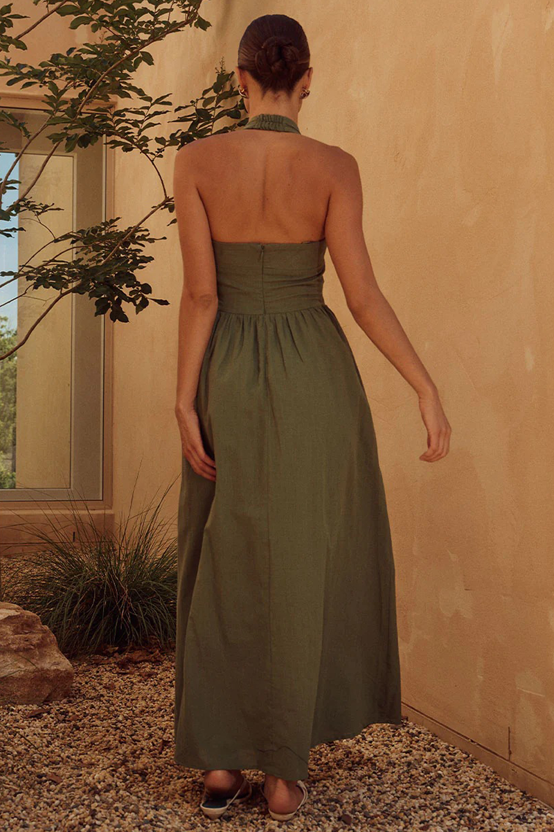 Solid Color Halter Cinch Waist Backless Maxi Dresses-Green