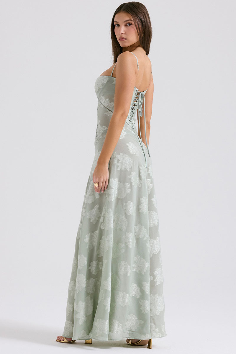 Elegant Floral Print Quilted Lace Up Back Formal Party Flowy Maxi Dresses-Green