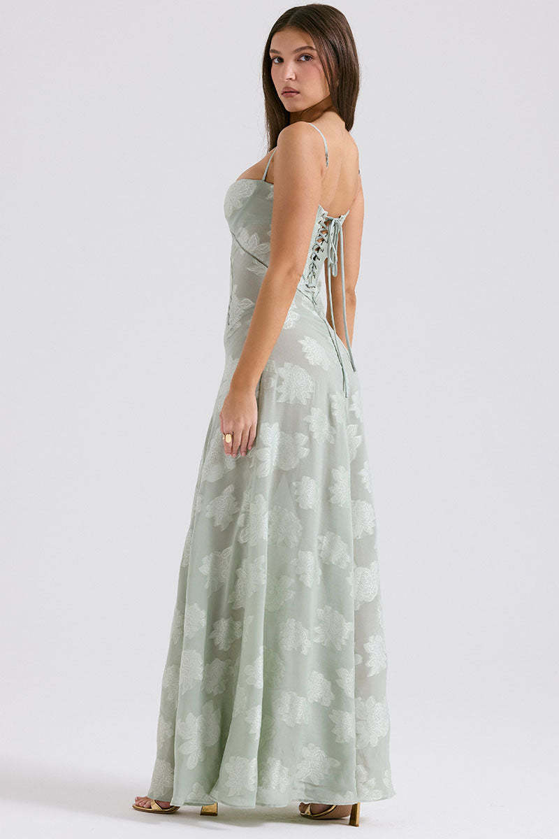 Elegant Floral Print Quilted Lace Up Back Formal Party Flowy Maxi Dresses-Green