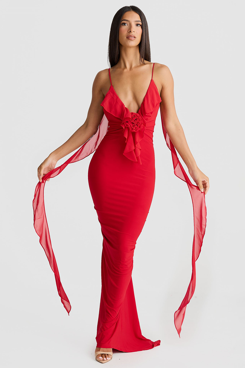 Deep V Neck Backless Bodycon Ruffled Streamer Party Maxi Slip Dresses-Red