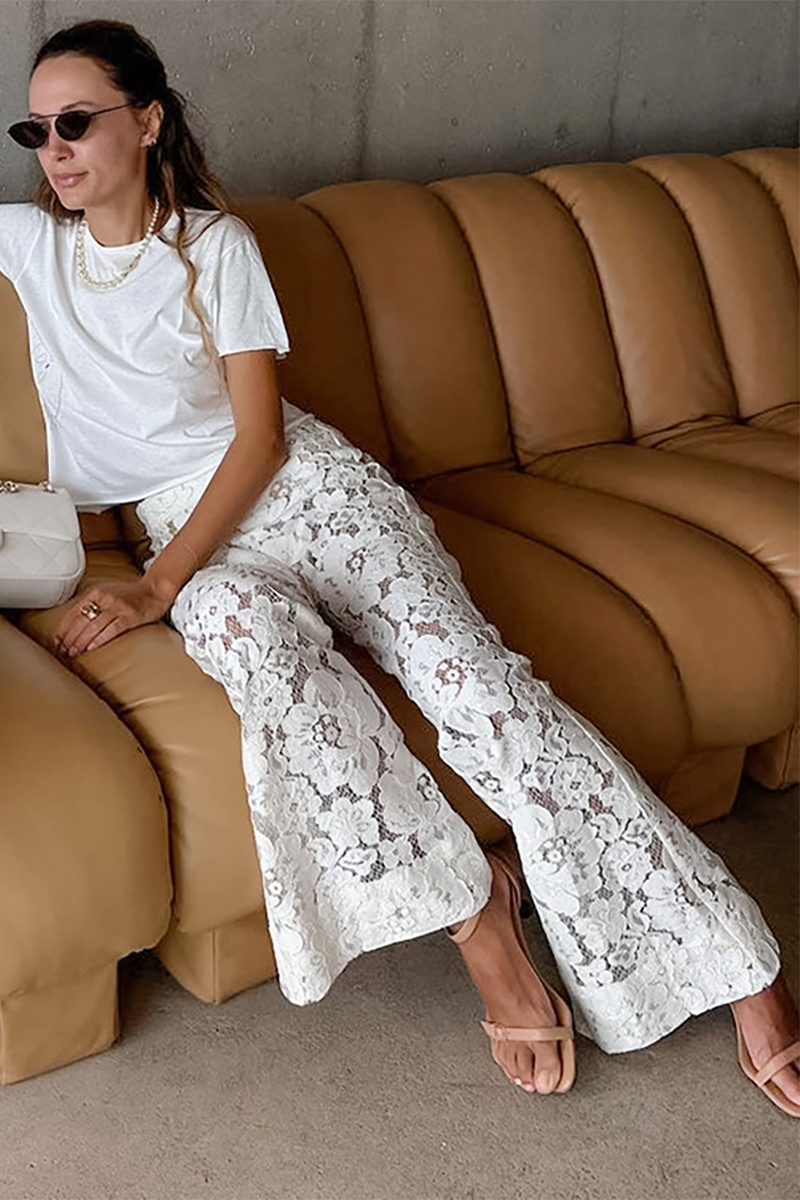 Floral Jacquard Lace Flare Pants-White